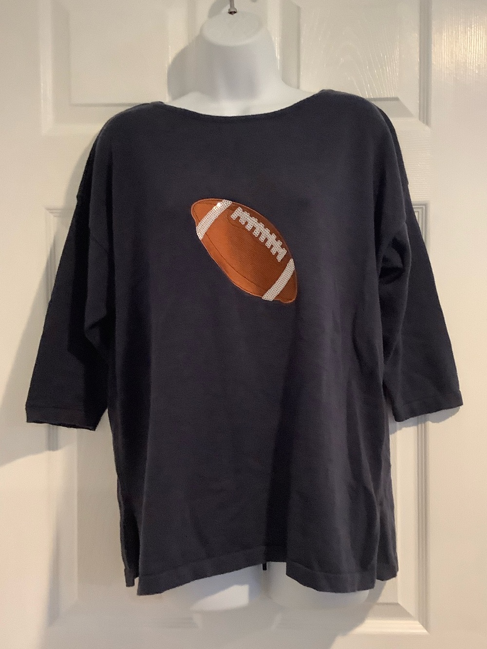 BUA/BUA Navy Blue 100% Cotton Sequin Football Half Sleeve Light Fall Sweater XL